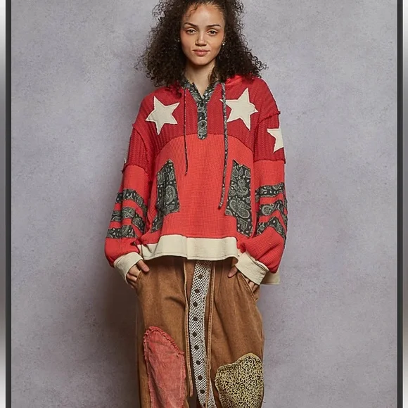 Last 1️⃣ POL. Candy Red Star Patchwork Thermal Hoodie - Picture 3 of 6